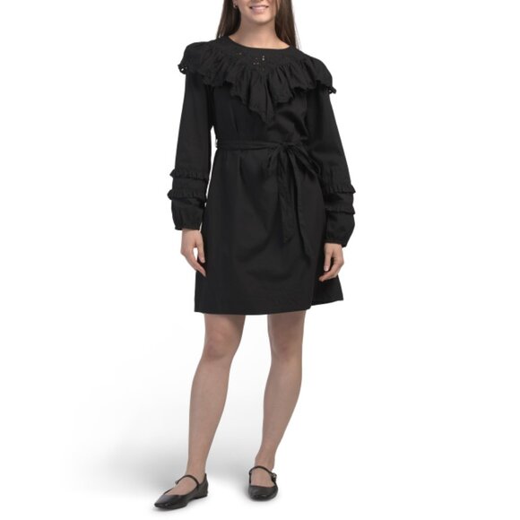 LEA Black Long Sleeve Embroidered Ruffle Mini Dress - Picture 1 of 2